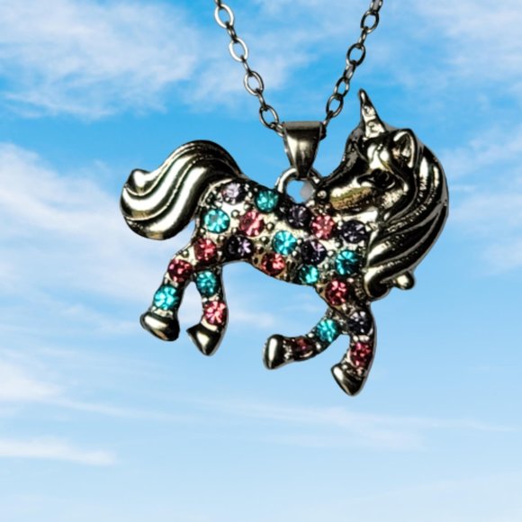 Unicorn Pendant Necklace Silvertone Multi Color Rhinestones 19" Adjustable New - Picture 9 of 12